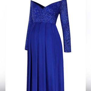 Molliya -XL Blue Maternity - Lace Long-Sleeve, Off-Shoulder, Stretchy Maxi Dress
